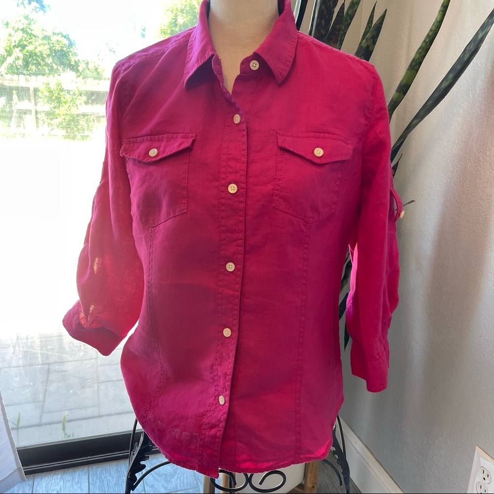 Liz Claiborne Womens Shirt Top Sz M  Pink 100% Linen 3/4 Sleeves Button Up.